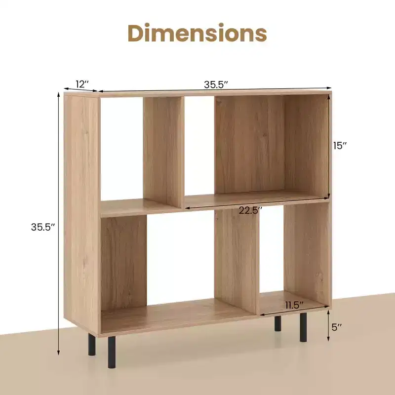 Black/Natural/White Mid-Century Modern 4-Cube Open Bookshelf, Single