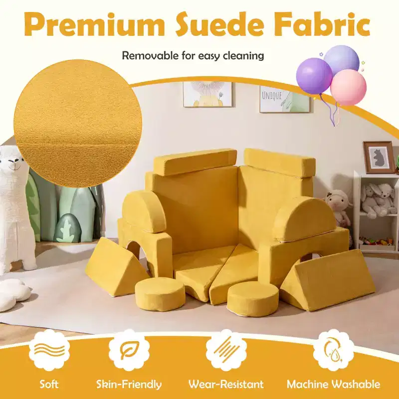 Costway 14 PCS Modular Kids Play Couch Child Sectional Sofa Toddler Soft Playset Blue/Gray/Yellow