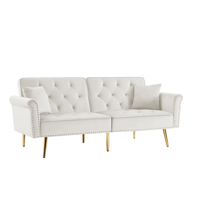 Velvet Tufted Sofa Couch with 2 Pillows and Nailhead Trim