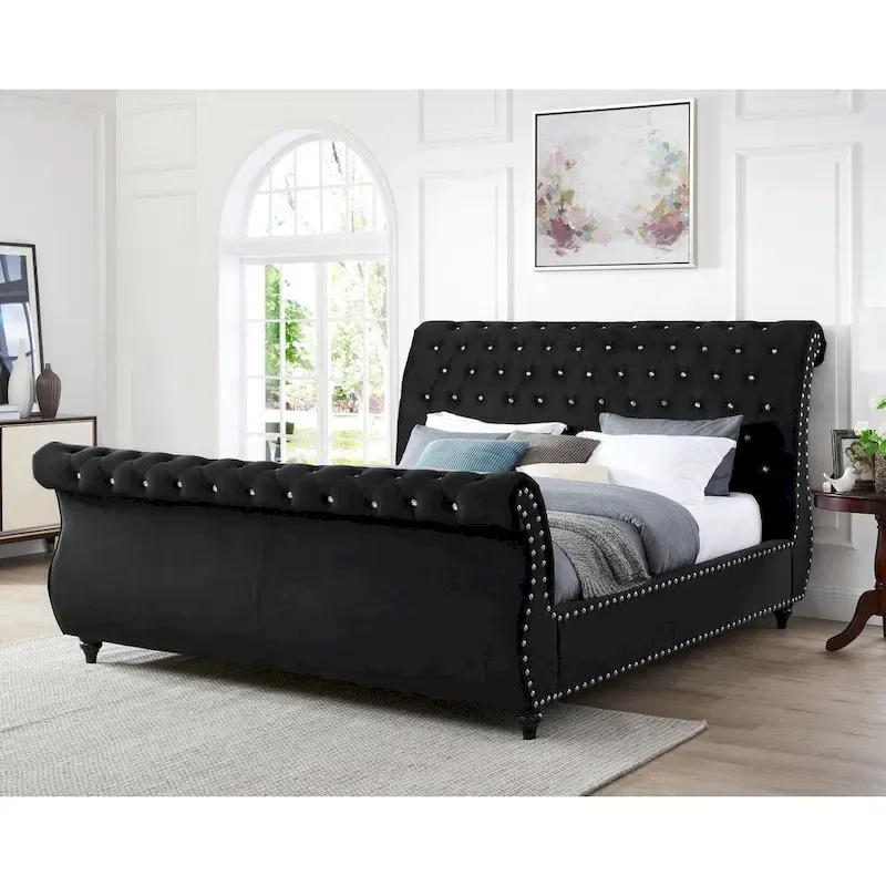 Gracewood Hollow Trivedi Black Velvet Crystal Button-tufted Sleigh Bed
