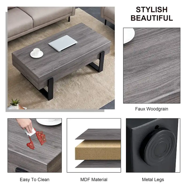 A Rustic Gray Wood Grain MDF Coffee Table With Black Metal Legs - An Elegant Space In Natural Wood Tones