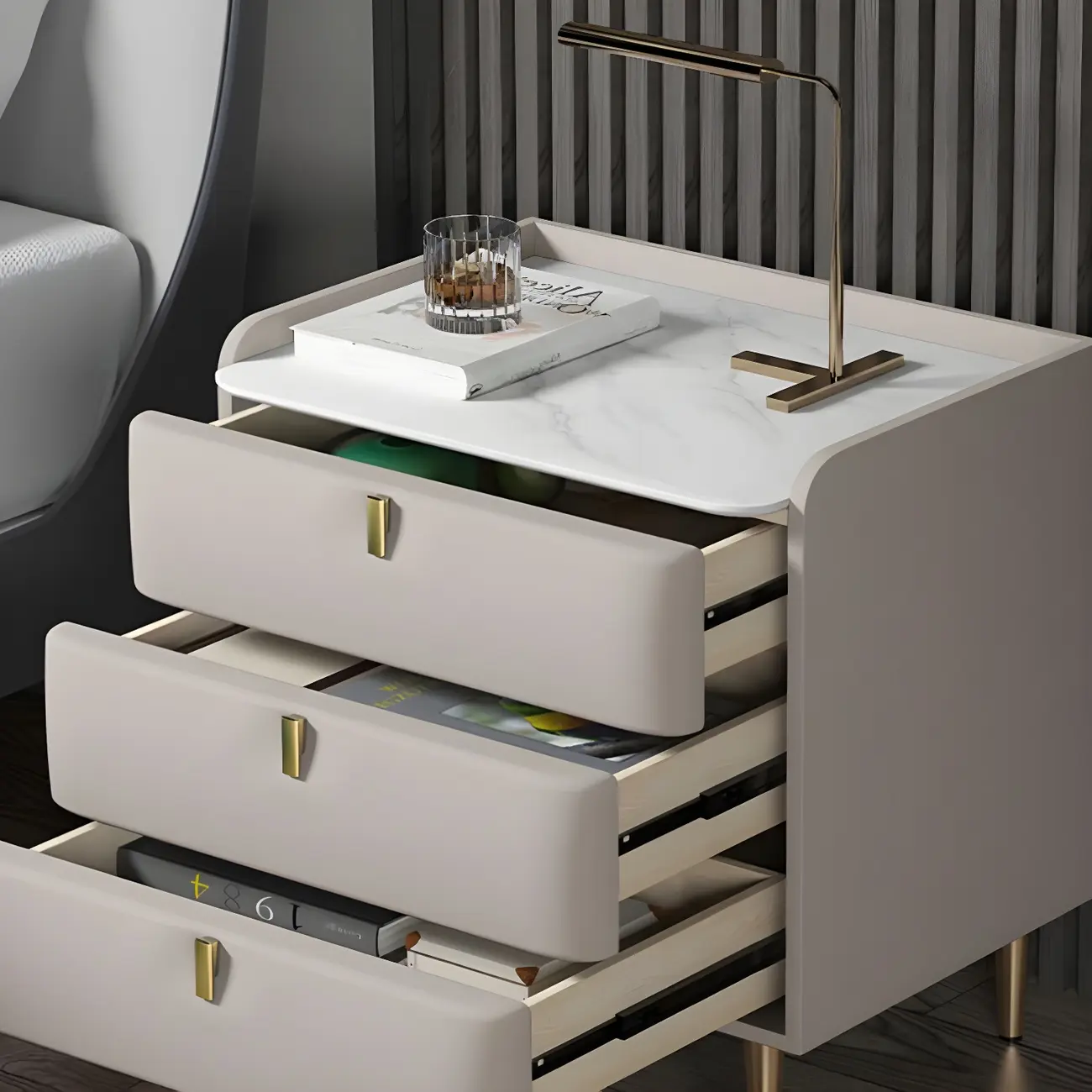 Glam Leather Sintered Stone Top Nightstand with Drawers