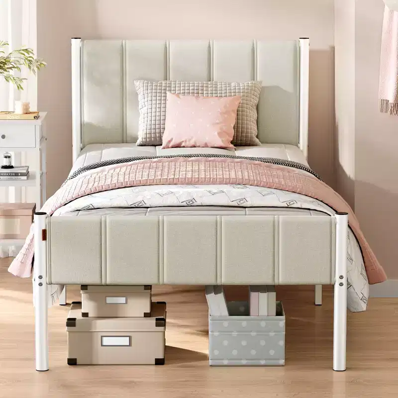VASAGLE Twin Bed Frame with Upholstered Headboard,Footboard,550 lb Weight Capacity,Steel Slats,Easy Assembly,No Box Spring Needed