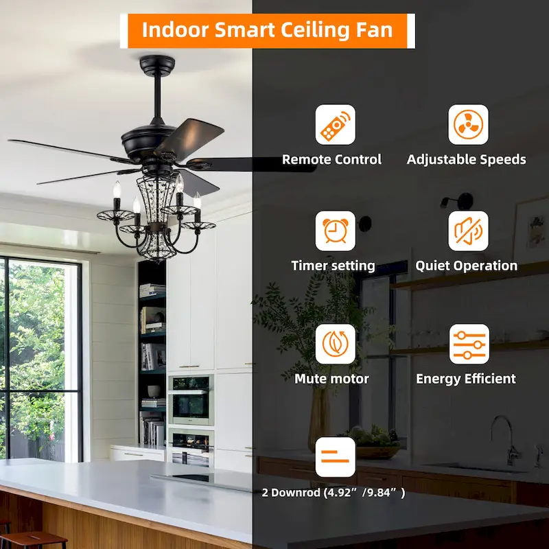 Cusp Barn 52in. Modern Industrial Crystal Ceiling Fan with Lights, Matte Black 3-Speed Reversible Ceiling Fan Light with Remote