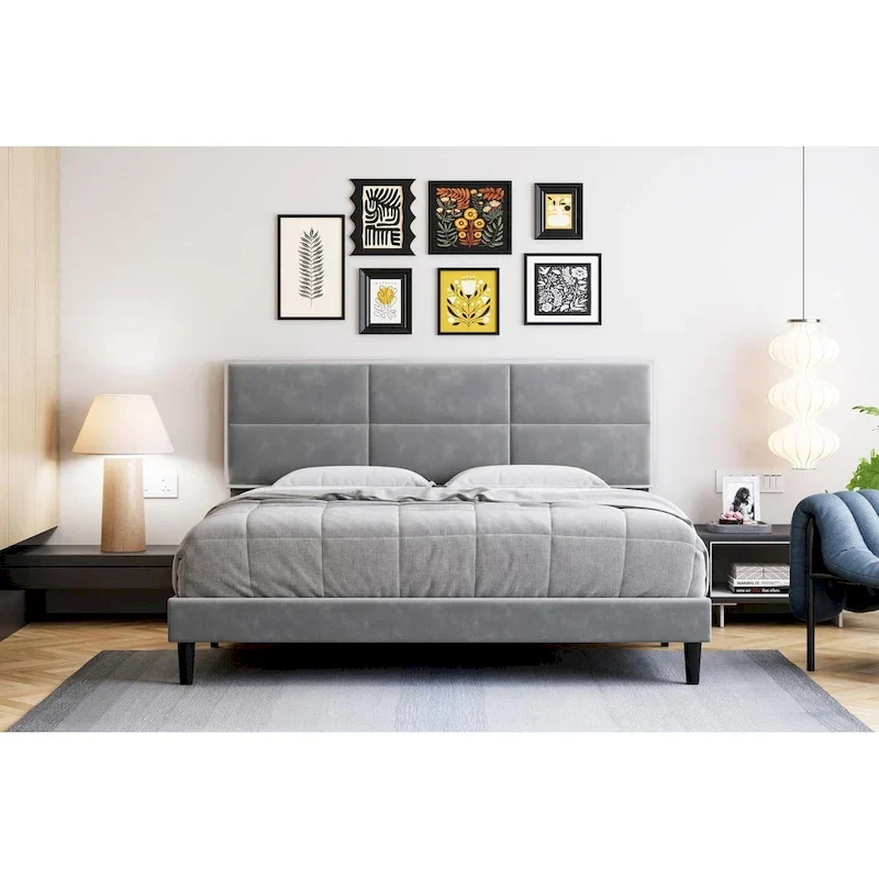 Bed Frame Upholstered Platform with Square Velvet Headboard