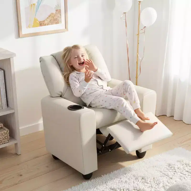 Kids Recliner Chair with Cup Holder – Beige / Black / Brown / Pink, Push-Back Style, 1-Seat