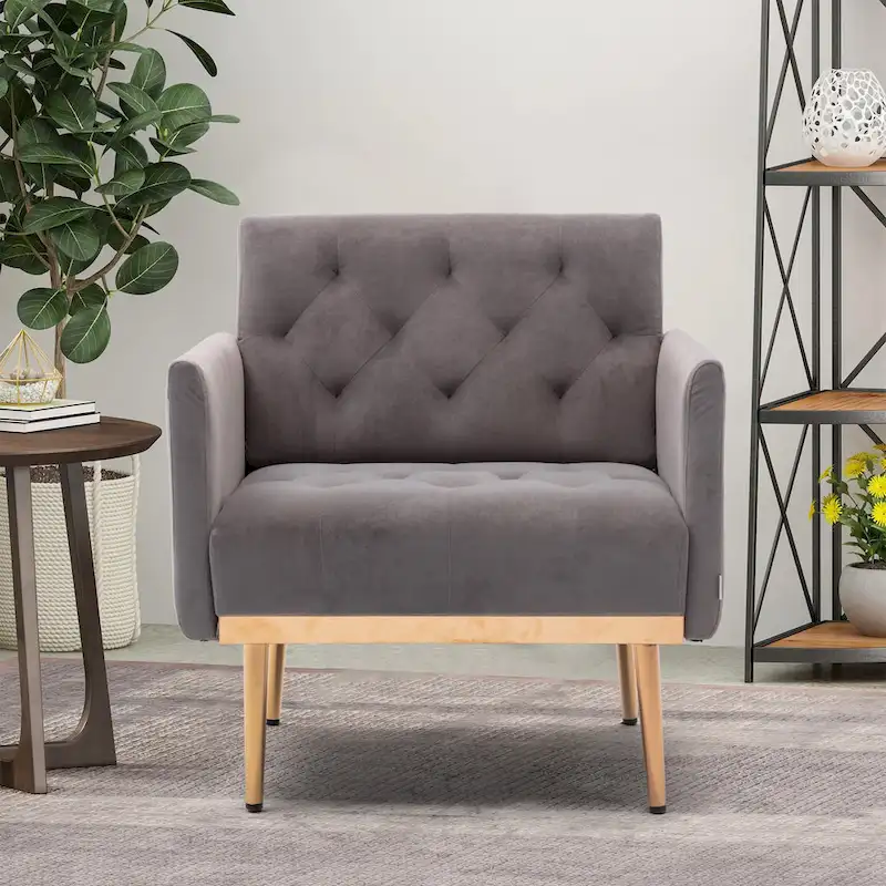 Velvet Upholstered Tufted Accent Chair With Golden feet