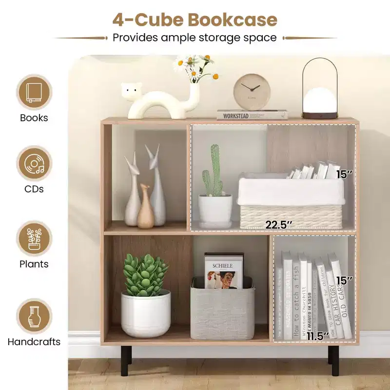 Black/Natural/White Mid-Century Modern 4-Cube Open Bookshelf, Single