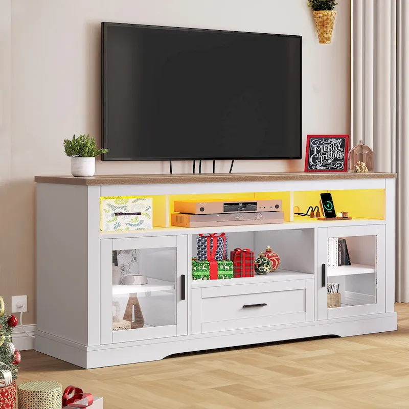 Moasis LED Farmhouse TV Stand for TV up to 65 Highboy Entertainment Center with Acrylic Doors