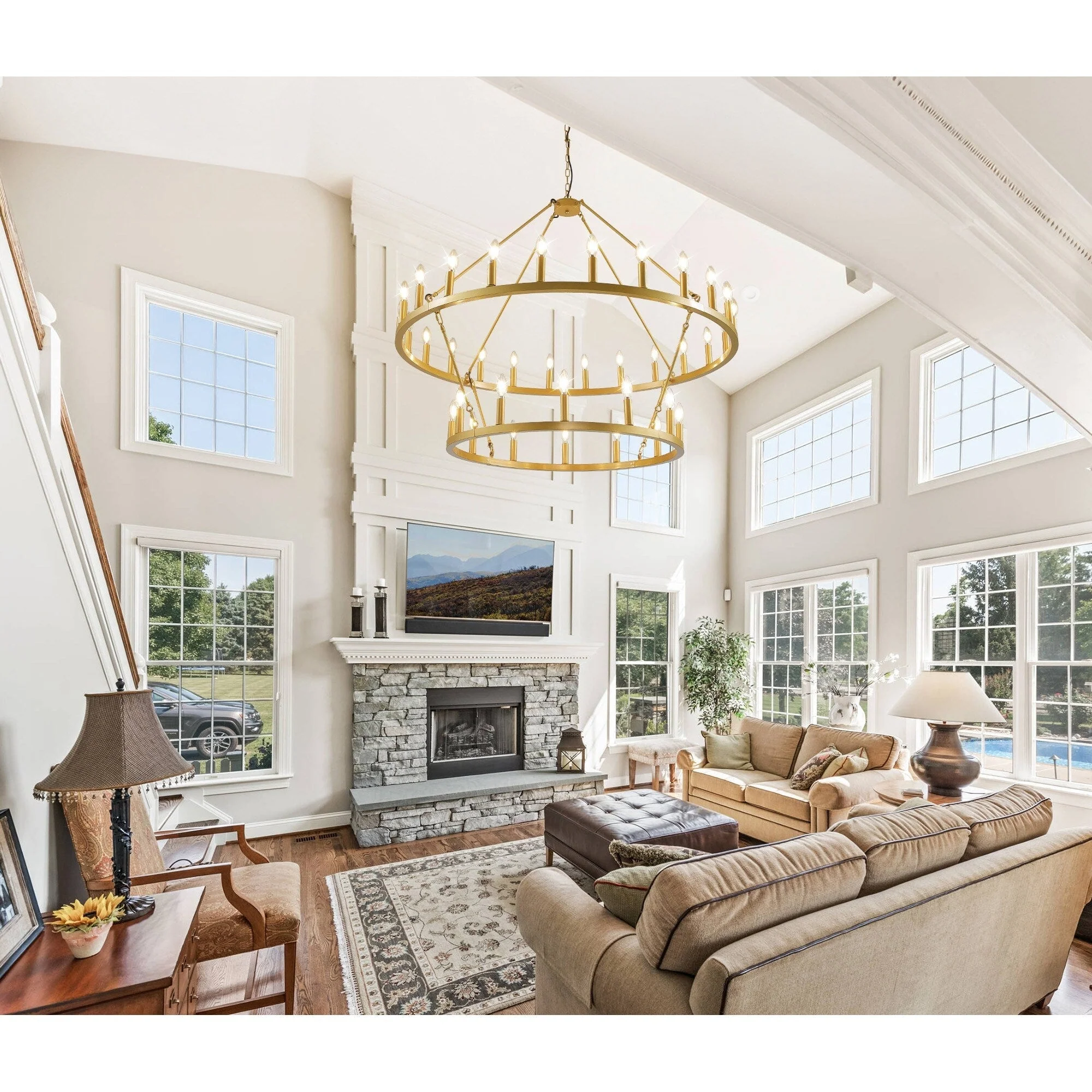 Modern Farmhouse Chandelier 2 Tier Round Wagon Wheel Chandelier Large High Ceiling Light.