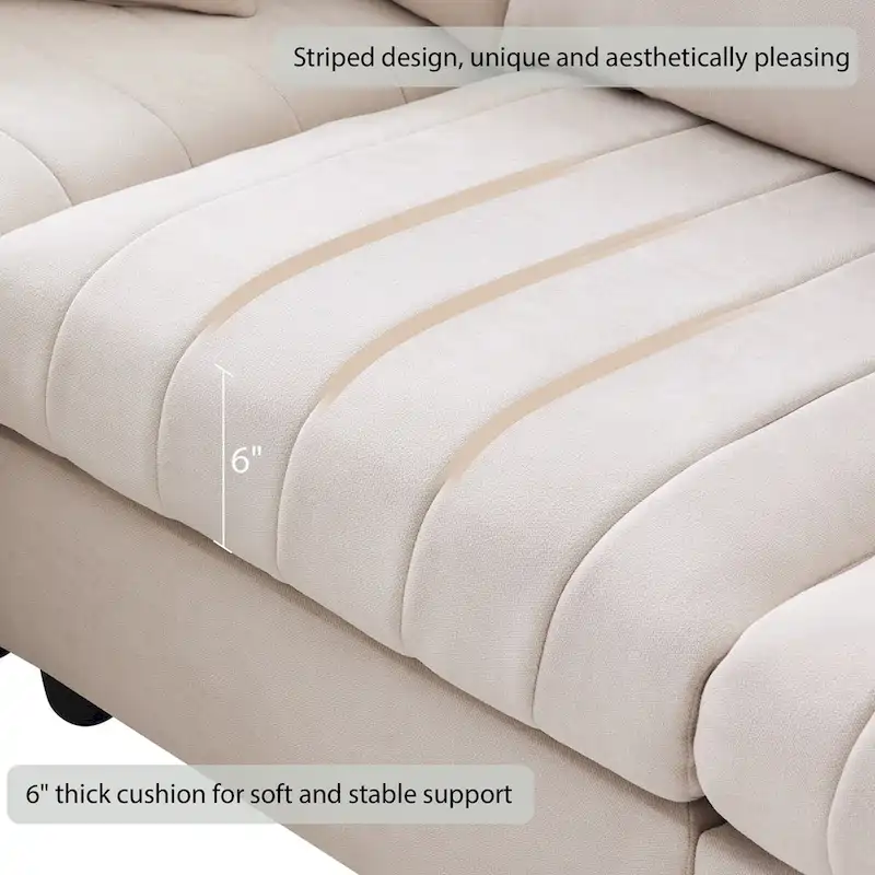 Modern L-Shape Sectional Sofa with Vertical Stripes,2 Pillows,Ottoman,Various Combinations,Beige