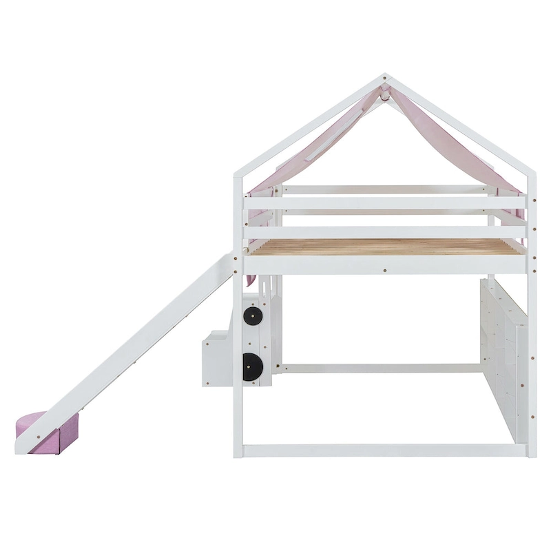 Full Loft Bed with Play Tent, House Design, Slide & Ladder