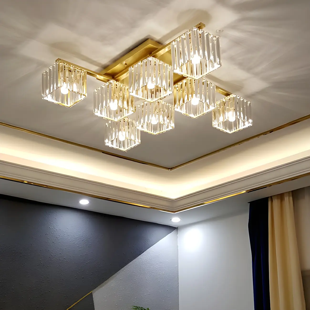 Modern Square Gold Crystal Flush Ceiling Light in 8 Lights