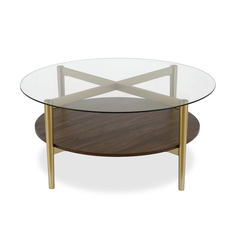 36-Inch Round Glass Coffee Table with Gold Steel Base and Shelf for Storage Modern Living Room Accent Piece - 36L x 36W x 17H
