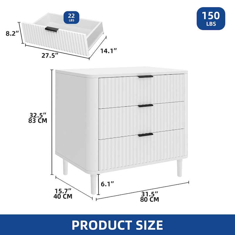 Moasis Modern Fluted 3-Drawer Dresser Chest of Drawers Natural Oak