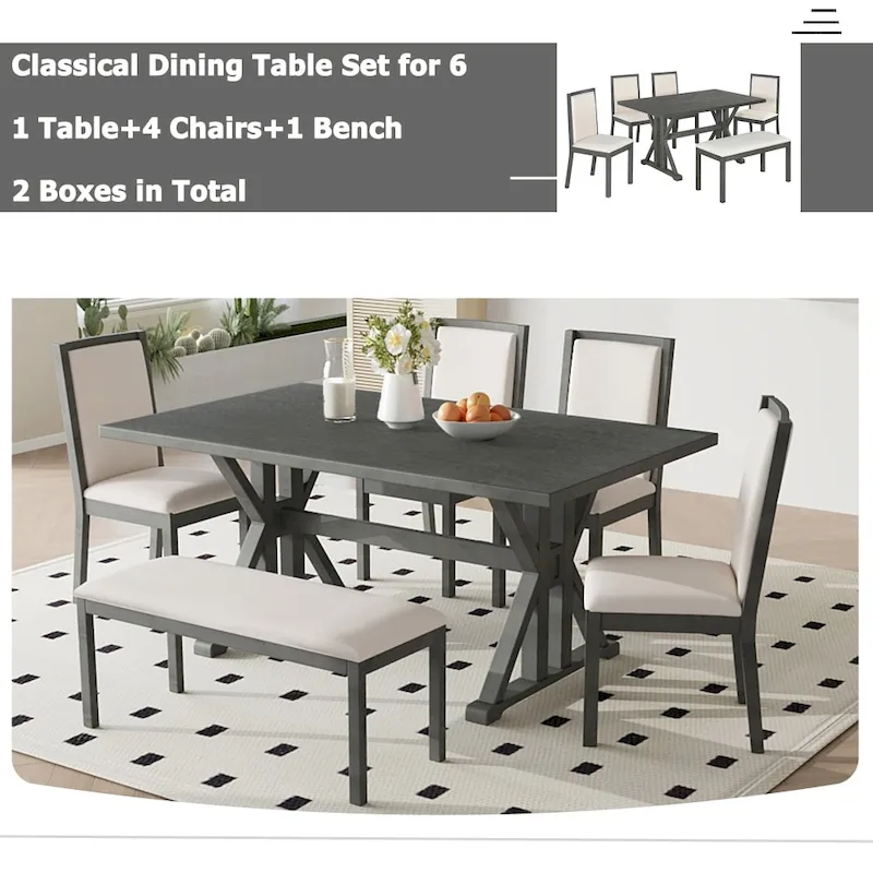 6-Piece Farmhouse Dining Table Set with 4 Upholstered Chairs and Bench