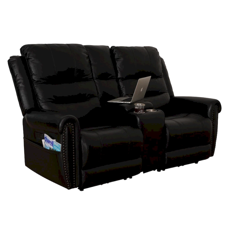 Genuine Leather Black Power Recliner Sofa, Loveseat, Recliner With Adjustable Headrest and Extendable Footrest
