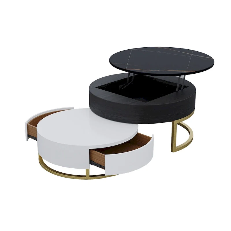 Round Wood Lift-top Nesting Coffee Table with Rotatable Drawers