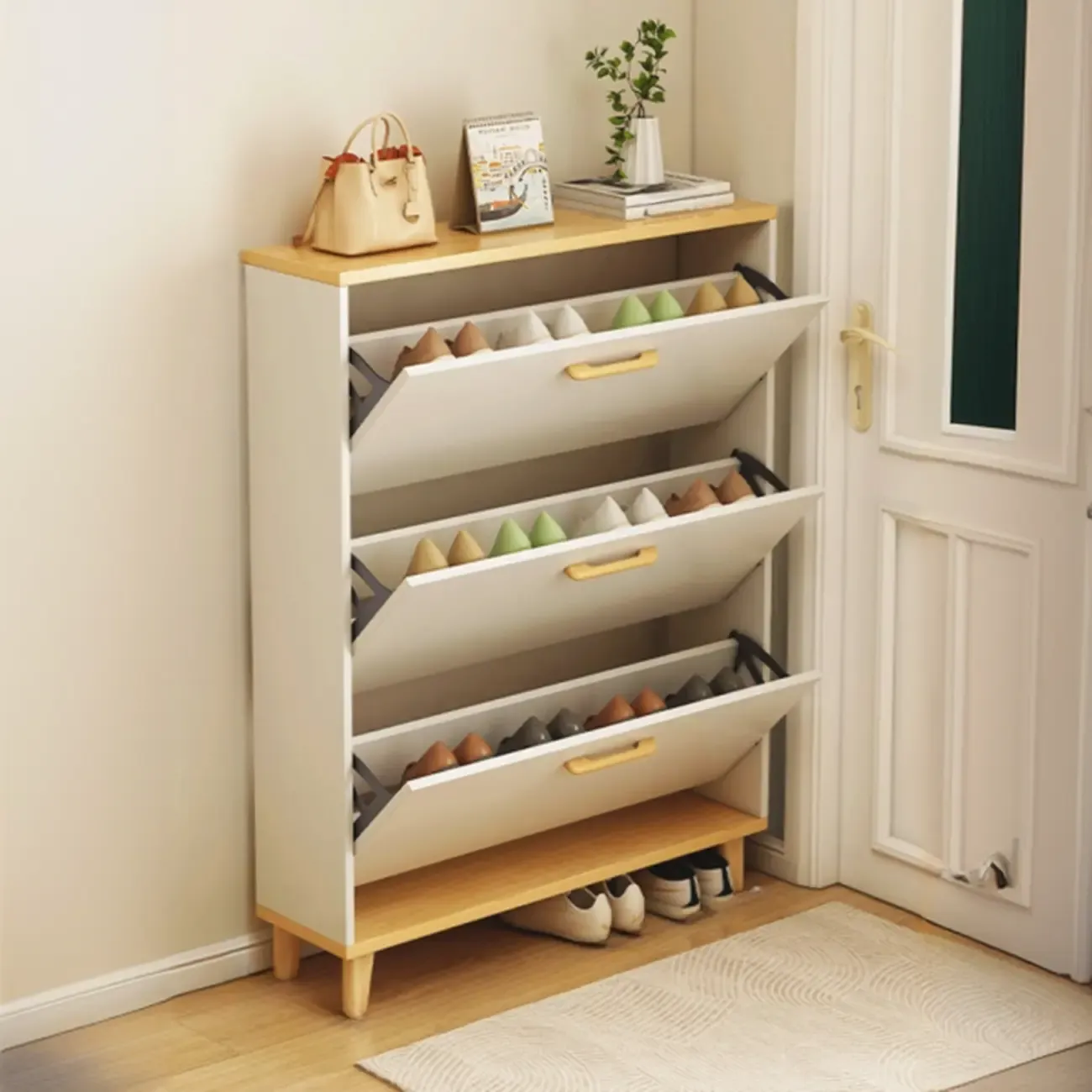 Entryway Modern Wood Shoe Cabinet with Flip-Out Drawer