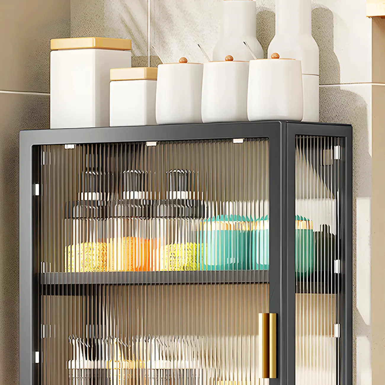 Kitchen Black Modern Metal Floating China Cabinet