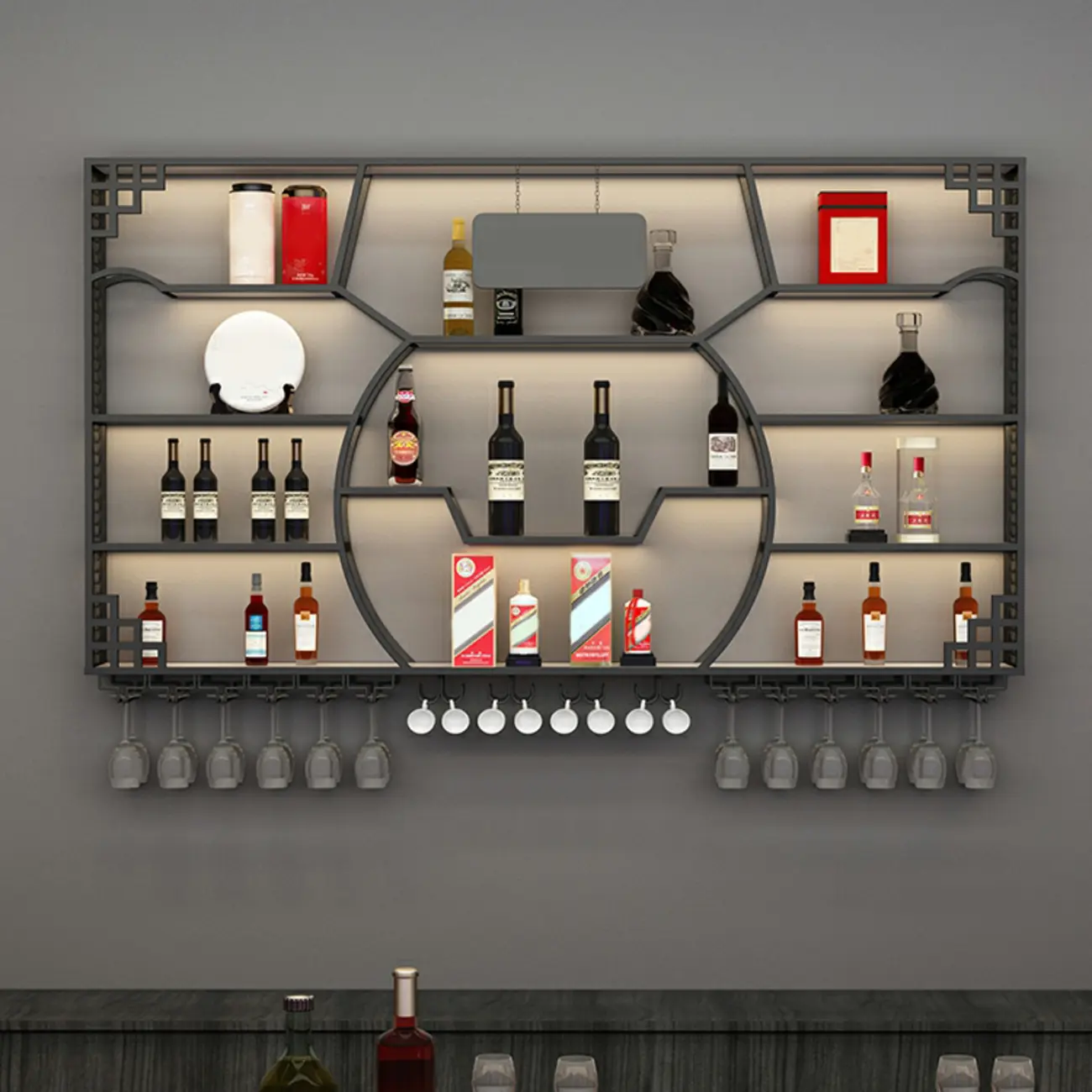 Multi-Shelf Gold Metal Wall-Mounted Wine & Glass Rack