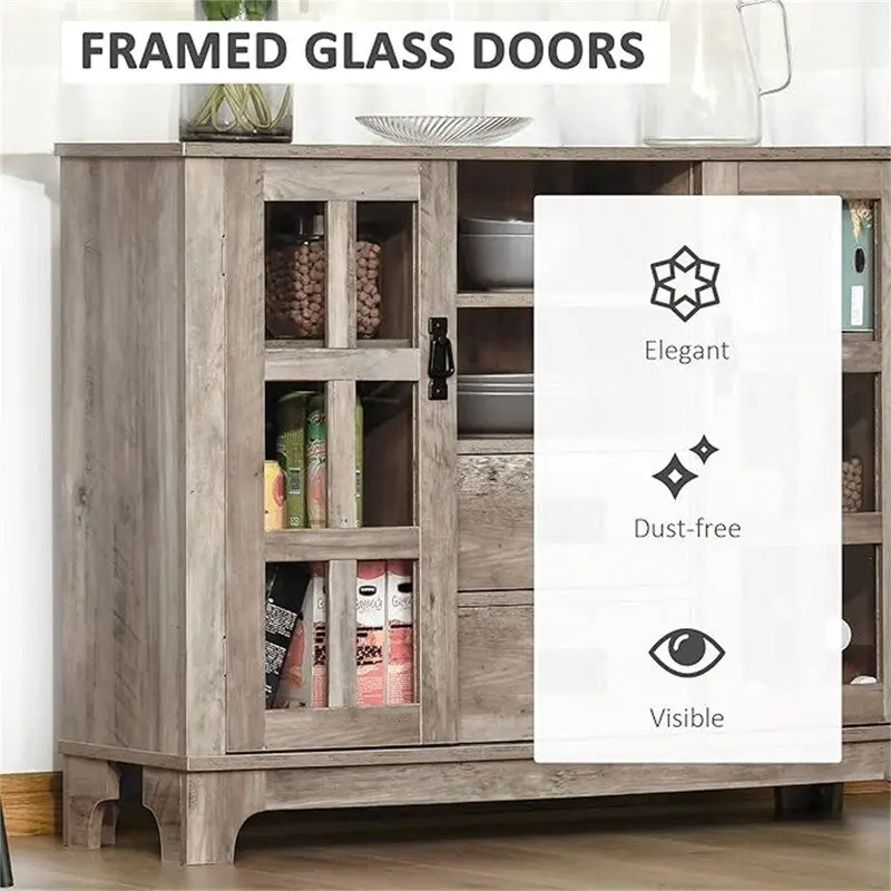 Grey / White / Walnut Sideboard Buffet Cabinet with Glass Doors & Adjustable Shelves