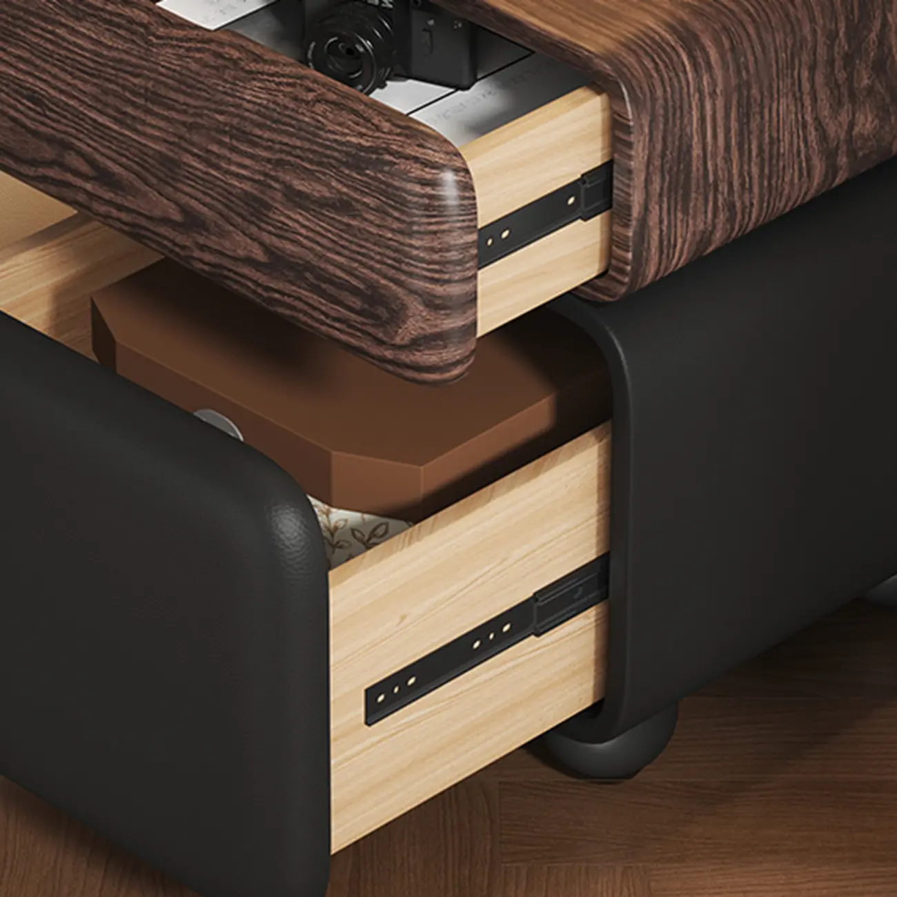 Black Walnut Finish Faux Leather 2-Drawer Nightstand