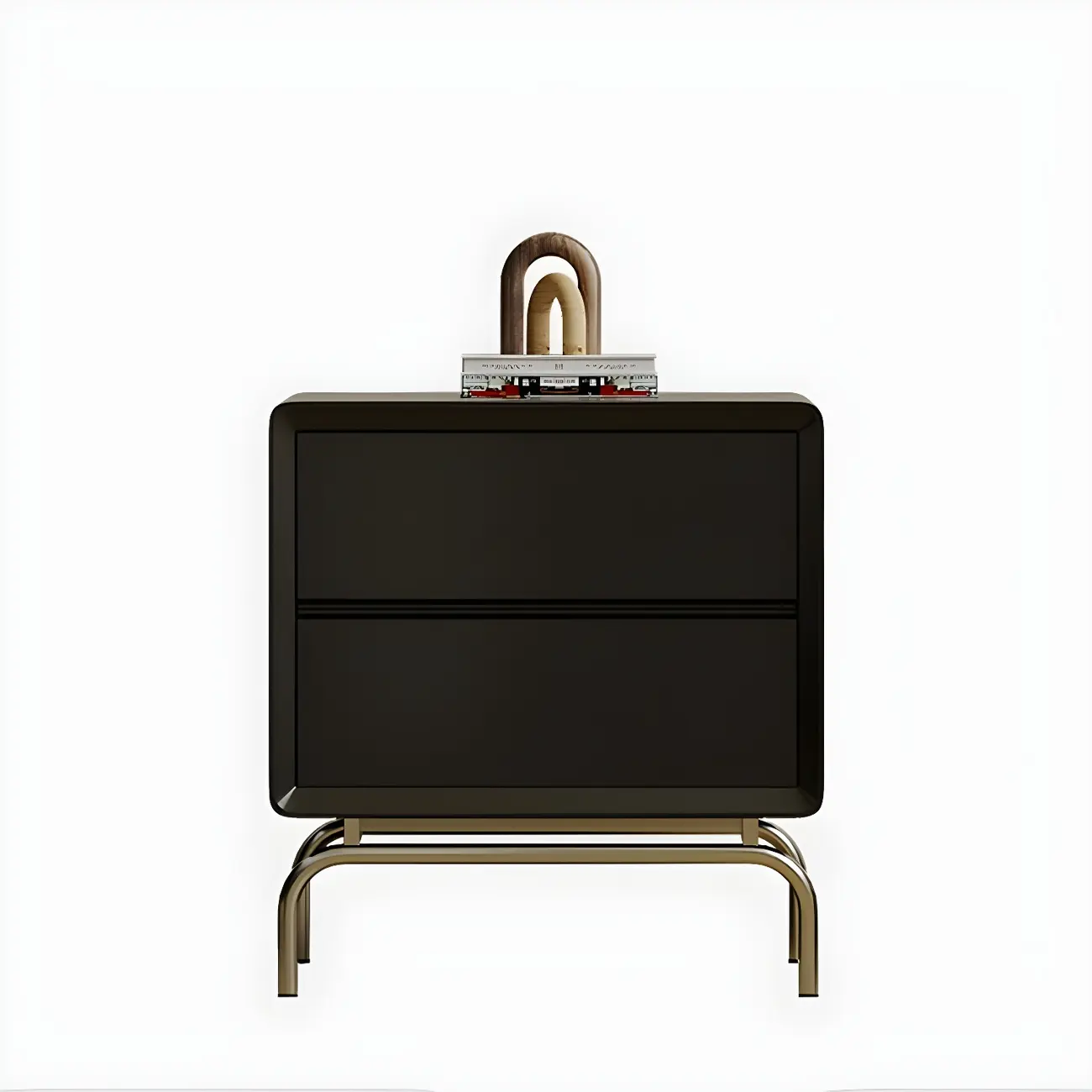 Classic Black Wood 2 Drawers Nightstand with Silver Metal Base