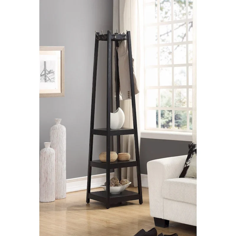 Wooden Coat Rack w/ 3-Tier Storage Shelves
