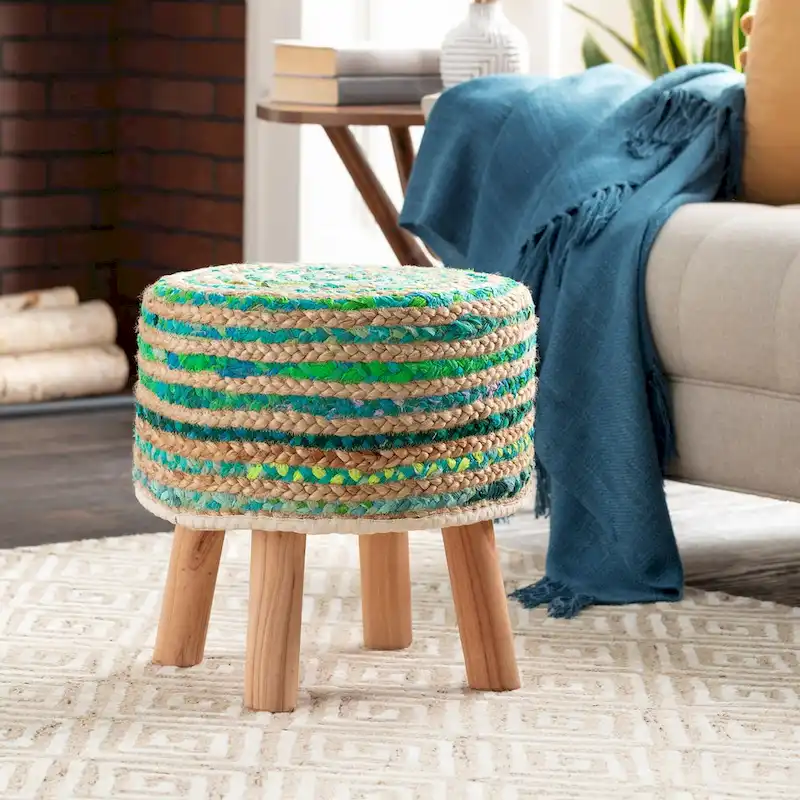 Hand Crafted Bohemian Jute and Wood Foot Stool