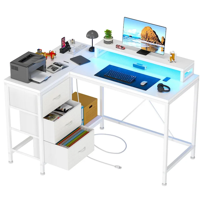 GIMMYFIVE L Shaped Gaming Desk with Power Outlets & LED Lights