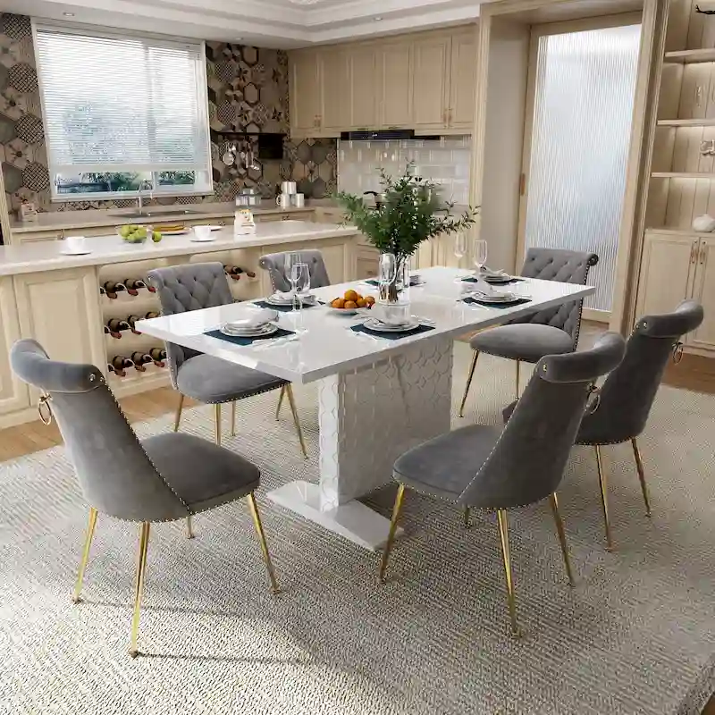 7-Piece Clihome High-gloss Extendable Table Velvet Chair Dining Set