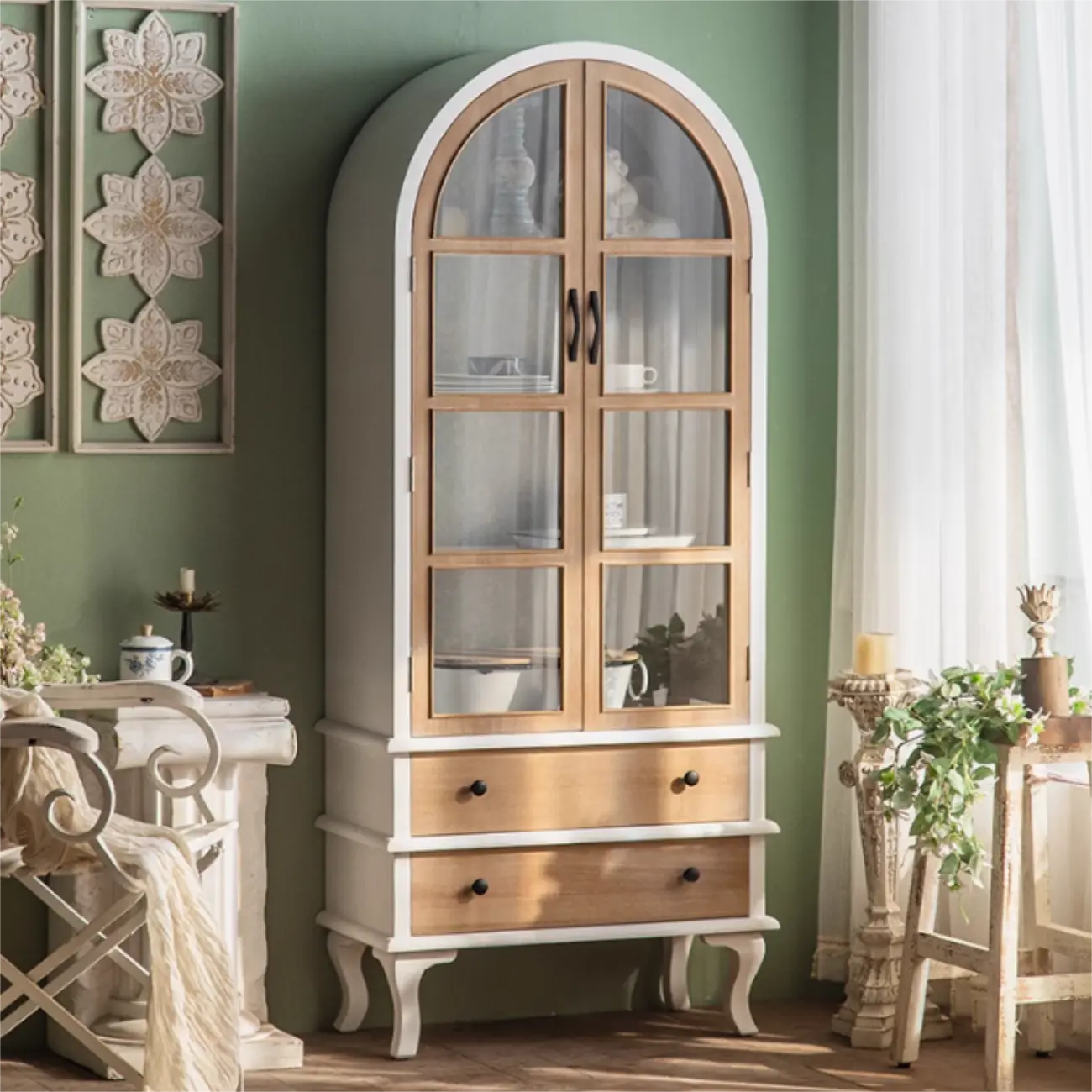 Arched Light Wood Glass Door Display Cabinet with Drawers