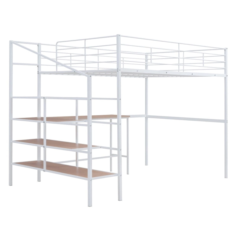 Full Size Metal Loft Bed with Built in Desk and Lateral Storage Ladder