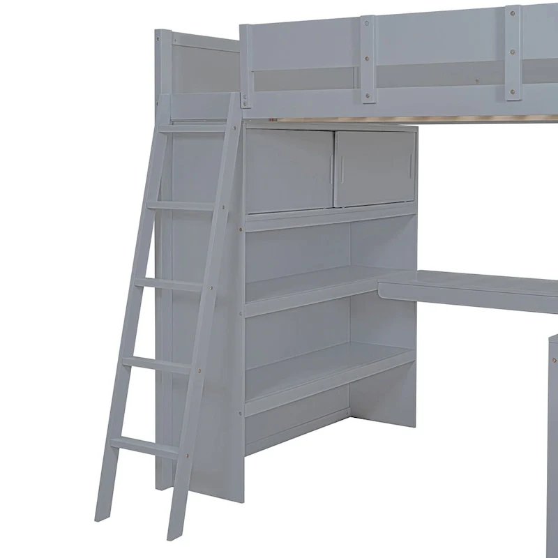 Gray/White Full Size Loft Bed with Desk & Shelf – 1 Person