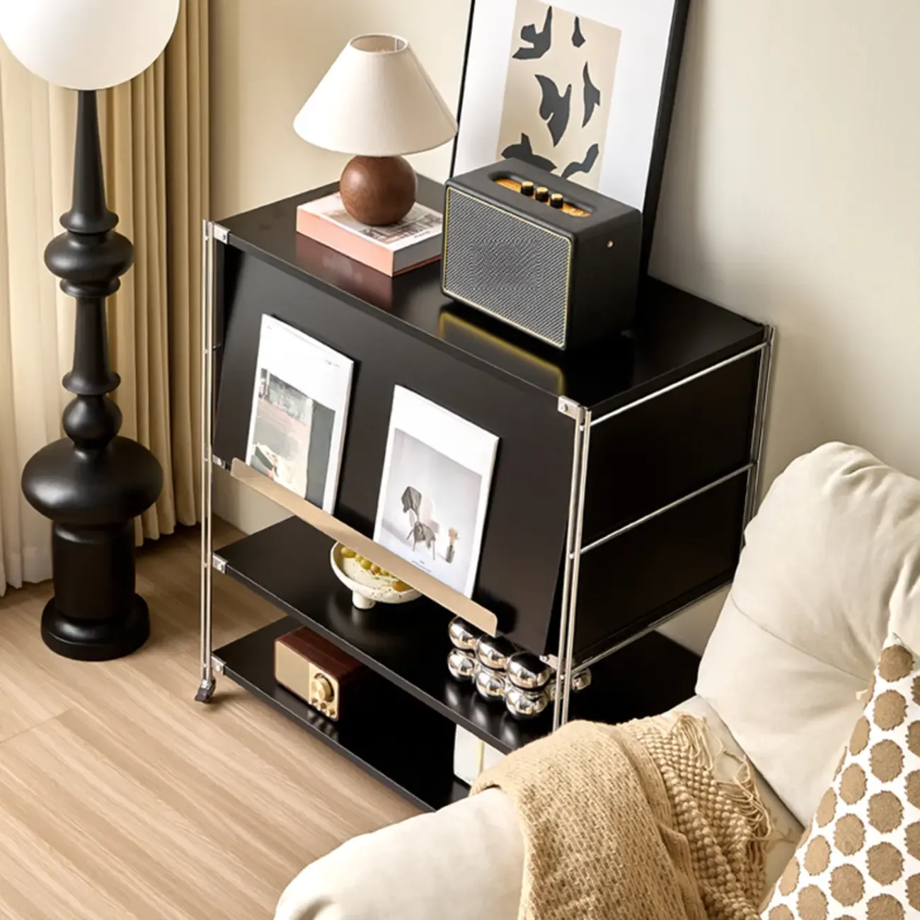 Compact Wood Steel Frame 3-Tier Bookcase in Black