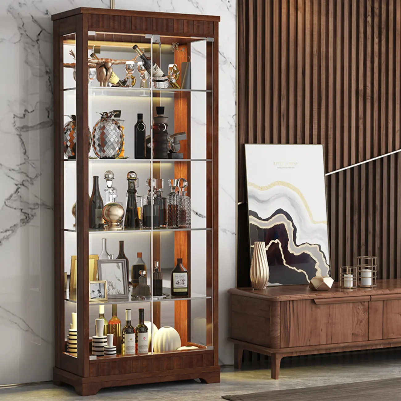 Modern Wood Wine Cabinet with Bar Glass Holder Shelf