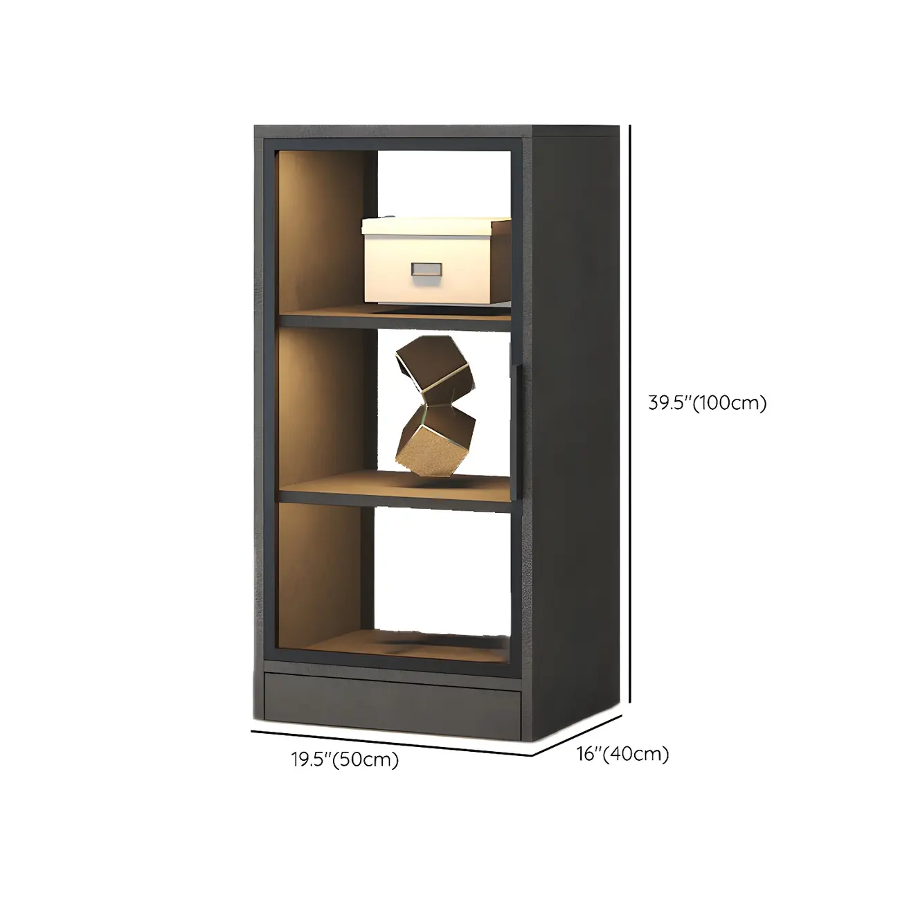 Square 2-Shelf Black Wooden Display Cabinet with Light