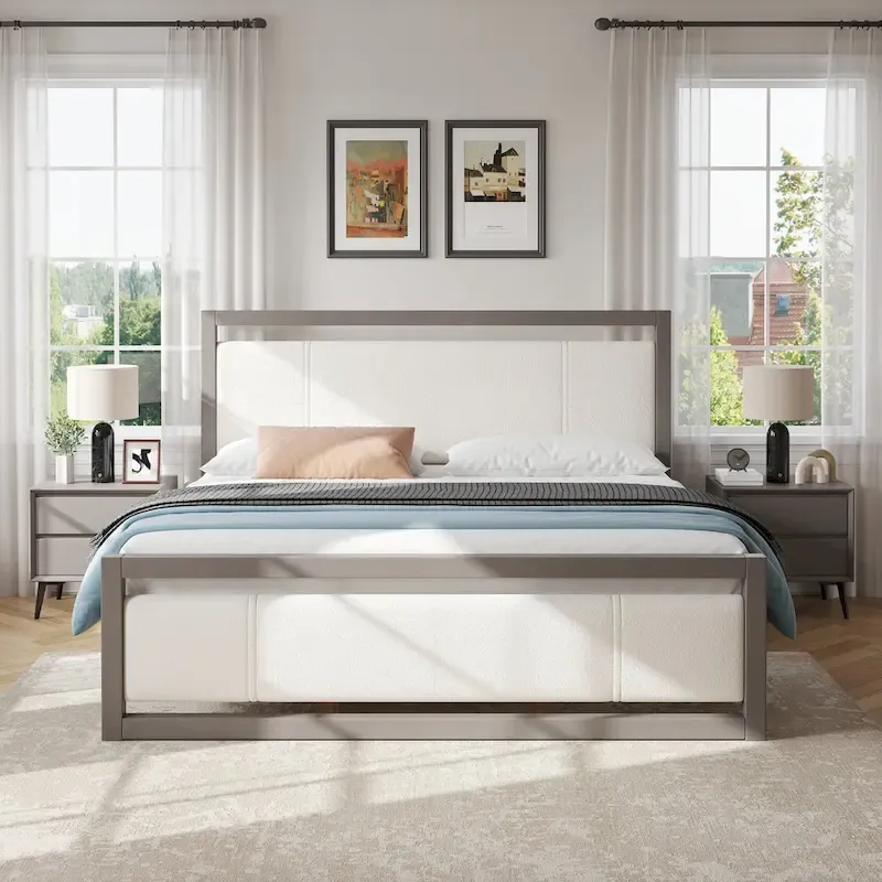 King Platform Bed, Ivory/Grey, Boucle Headboard, Rubberwood Frame, Seats 2
