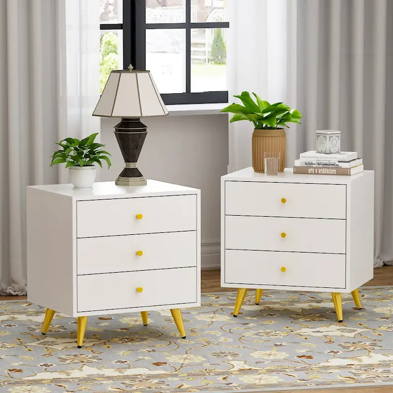 White Nightstands Bedside Table End Table Gold Metal Legs1 Pcs