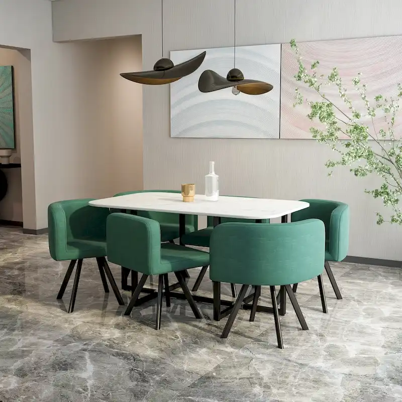 Modern 7-Piece Dining Set with Rectangular Marble Table & 6 Upholstered Chairs