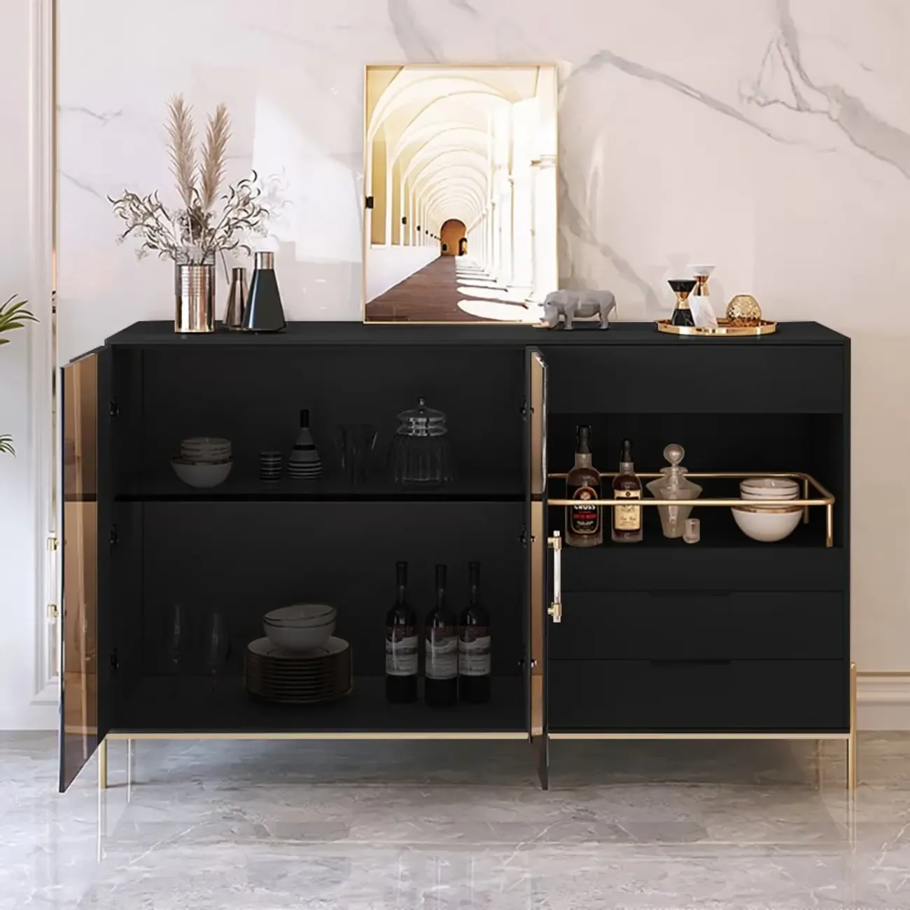 Modish Black Wooden Lighted Open Shelving Buffet Cabinet