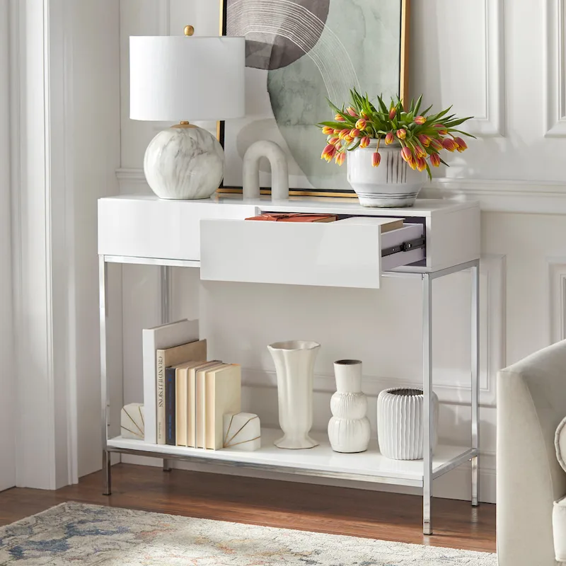Simple Living White and Chrome Metal High Gloss Console Table