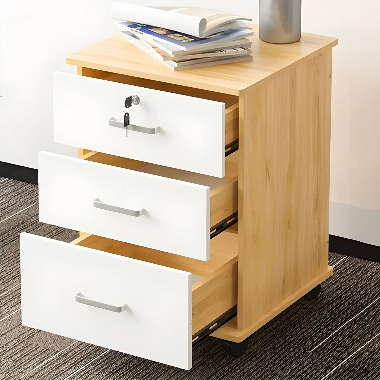 Lokable Brown-White Wood 3 Drawers Mobile Filing Cabinet