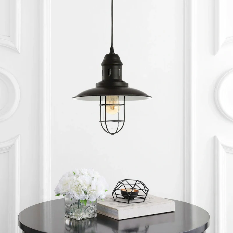 Deere 12  Adjustable Iron/Glass Cage Light LED Kitchen Pendant, Black by JONATHAN Y