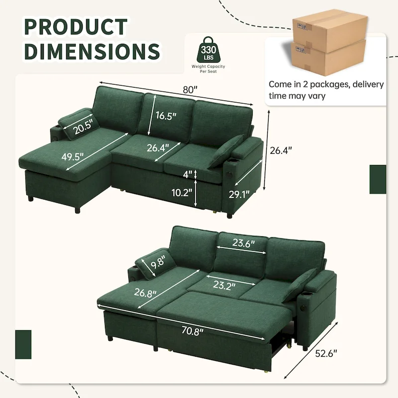 80 L-Shaped Sofa Couch Bed, Sofa Sleeper with Pull Out Bed, Reversible Sleeper Sofa Bed
