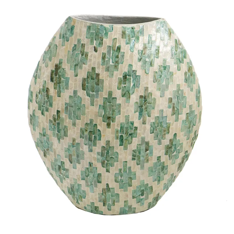 A&B Home Green and Tan Diamond Pattern Capiz Vase