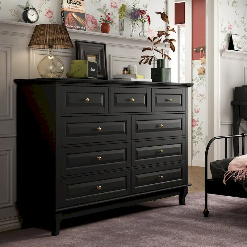 9-Drawer Dresser with Solid Wood Legs Chest Of Drawers Lacquer Console