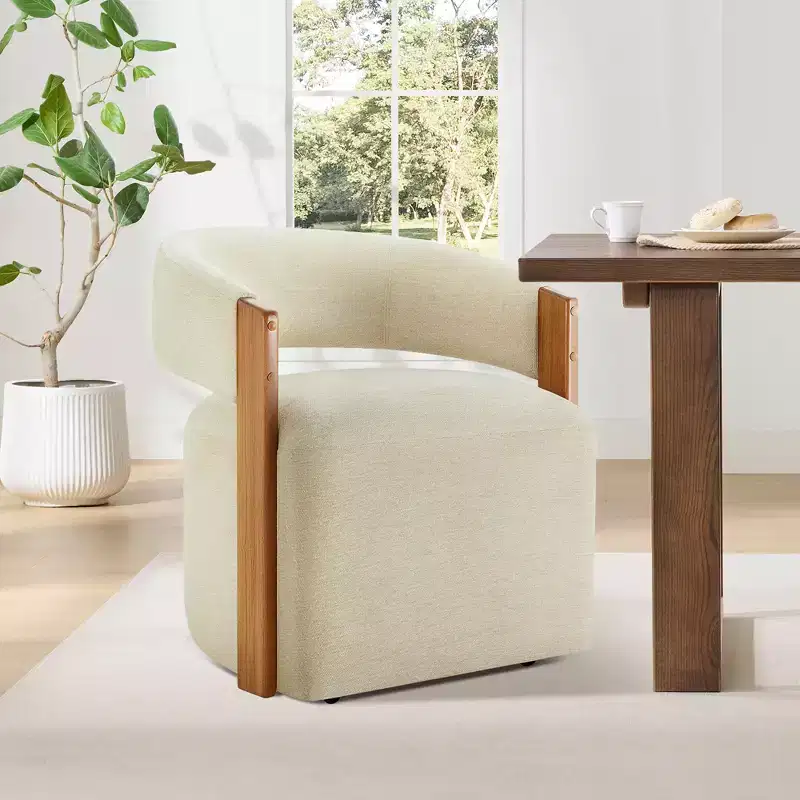 Spruce&Spring Upholstered Dining Chair with Wood Armrests & Hidden Wheels
