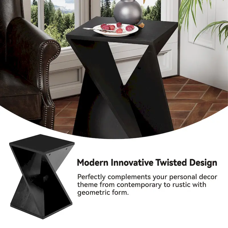 COZAYH Farmhouse End Table Square Solid Wood Side Table Rustic Plant Stand With Twisted Design, Natural Wood, Black